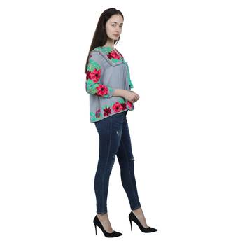 Blue Embroidered Blended Cotton Long Top  2