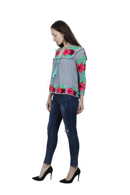 Blue Embroidered Blended Cotton Long Top  3