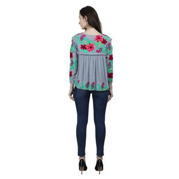 Blue Embroidered Blended Cotton Long Top  4