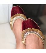 Embellished Wine Colour Emerald Bridal Shoes, Indian Ethnic Women Wedding Jutti