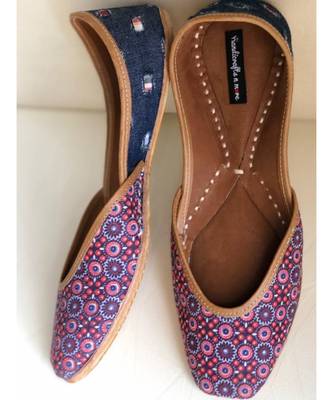 Pink Blue Denim Women Leather Footwear, Indian Juttis, Mojaris, Punjabi Khussa 3