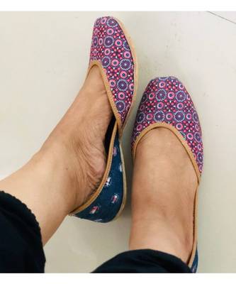 Pink Blue Denim Women Leather Footwear, Indian Juttis, Mojaris, Punjabi Khussa 4