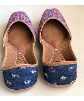 Pink Blue Denim Women Leather Footwear, Indian Juttis, Mojaris, Punjabi Khussa 5