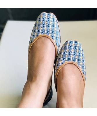 Yellow Blue Denim Women Leather Footwear, Punjabi Juttis, Indian Mojaris/ Khussa 1