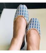 Yellow Blue Denim Women Leather Footwear, Punjabi Juttis, Indian Mojaris/ Khussa