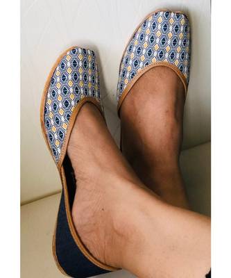 Yellow Blue Denim Women Leather Footwear, Punjabi Juttis, Indian Mojaris/ Khussa 4