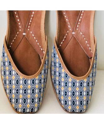 Yellow Blue Denim Women Leather Footwear, Punjabi Juttis, Indian Mojaris/ Khussa 5