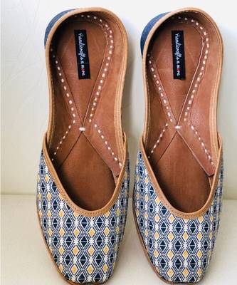Yellow Blue Denim Women Leather Footwear, Punjabi Juttis, Indian Mojaris/ Khussa 6