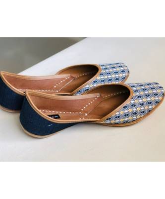 Yellow Blue Denim Women Leather Footwear, Punjabi Juttis, Indian Mojaris/ Khussa 7