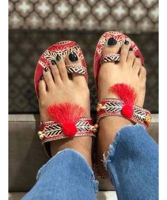 Red Beaded Kolhapuri Chappals, Embossed Boho Style Slippers, Sandals for Women 1