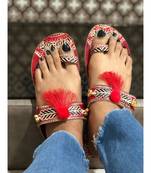 Red Beaded Kolhapuri Chappals, Embossed Boho Style Slippers, Sandals for Women
