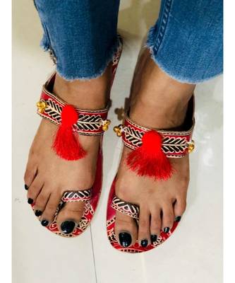 Red Beaded Kolhapuri Chappals, Embossed Boho Style Slippers, Sandals for Women 2