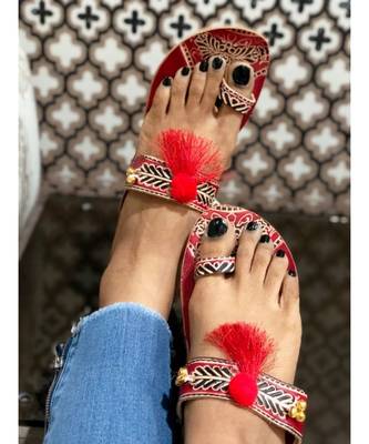 Red Beaded Kolhapuri Chappals, Embossed Boho Style Slippers, Sandals for Women 3