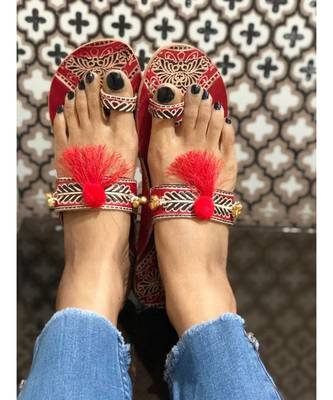 Red Beaded Kolhapuri Chappals, Embossed Boho Style Slippers, Sandals for Women 4