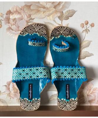 Blue Beaded Kolhapuri Leather Chappals, Greek Boho Sandals, Embossed Boho Style 1