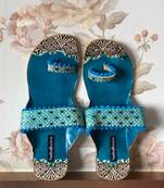 Blue Beaded Kolhapuri Leather Chappals, Greek Boho Sandals, Embossed Boho Style