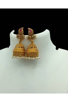 South Indian Gold Finish Ruby Red & Green Jhumki Earrings For Women Girls