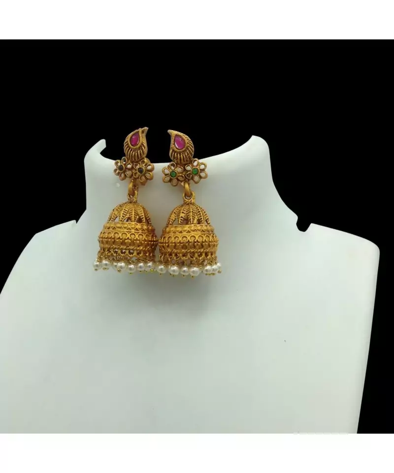 South Indian Gold Finish Ruby Red & Green Jhumki Earrings For Women Girls