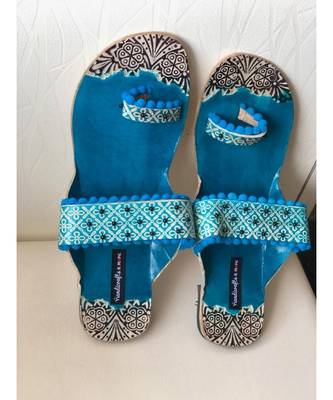 Blue Beaded Kolhapuri Leather Chappals, Greek Boho Sandals, Embossed Boho Style 2