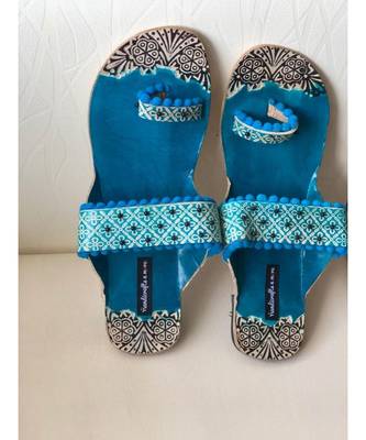 Blue Beaded Kolhapuri Leather Chappals, Greek Boho Sandals, Embossed Boho Style 3