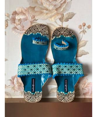 Blue Beaded Kolhapuri Leather Chappals, Greek Boho Sandals, Embossed Boho Style 4