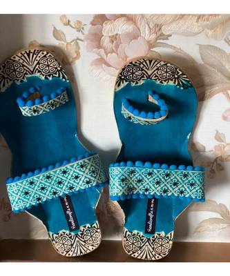 Blue Beaded Kolhapuri Leather Chappals, Greek Boho Sandals, Embossed Boho Style 5