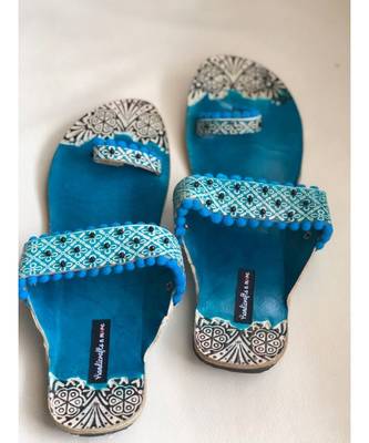 Blue Beaded Kolhapuri Leather Chappals, Greek Boho Sandals, Embossed Boho Style 6