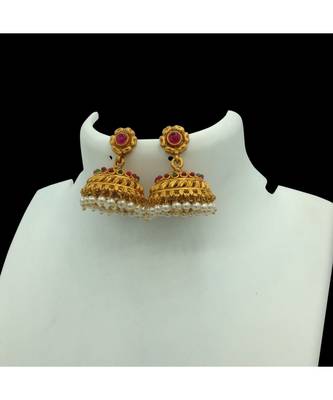 South Indian Temple Jewellery Traditional Matte Gold Pearl Ruby Green Jhumka 1