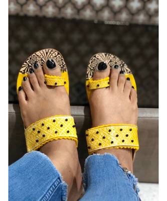 Yellow and Brown Beaded Kolhapuri Chappals, Embossed Boho Style Slippers, Sandal 1