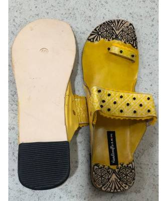 Yellow and Brown Beaded Kolhapuri Chappals, Embossed Boho Style Slippers, Sandal 2