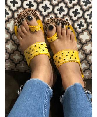 Yellow and Brown Beaded Kolhapuri Chappals, Embossed Boho Style Slippers, Sandal 3