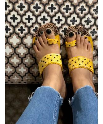 Yellow and Brown Beaded Kolhapuri Chappals, Embossed Boho Style Slippers, Sandal 4