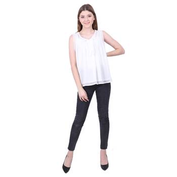White Printed Blended Cotton Sleeveless Top  1