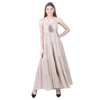 Beige Plain Linen Maxi Dress 1