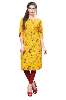 Yellow color Printed American Crepe Straight Kurti 1