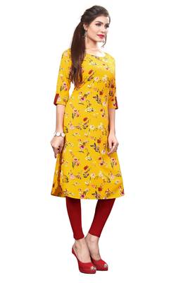 Yellow color Printed American Crepe Straight Kurti 3