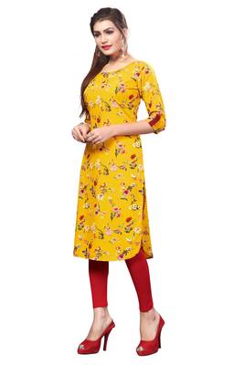 Yellow color Printed American Crepe Straight Kurti 4