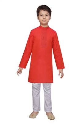 Red plain cotton boys-kurta-pyjama 1