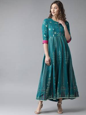 Teal printed rayon long-kurtis 1