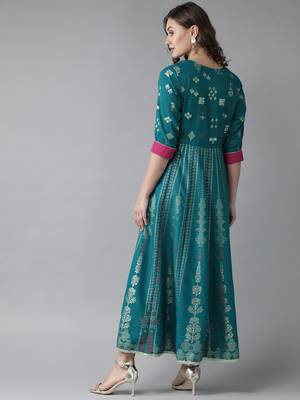 Teal printed rayon long-kurtis 2