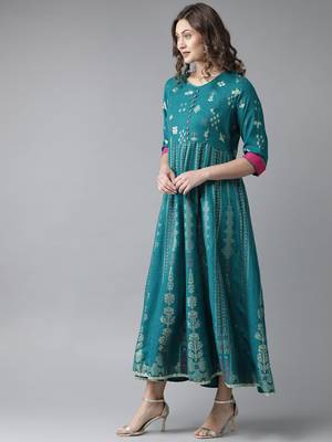 Teal printed rayon long-kurtis 3