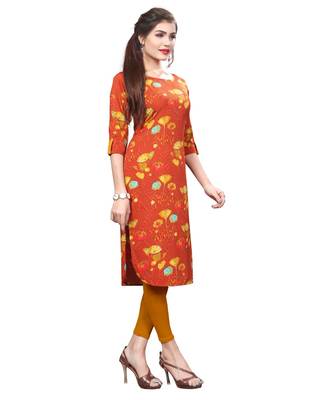 Orange color Printed American Crepe Straight Kurti 3