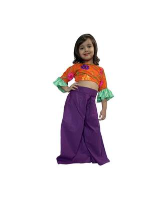 Aglare self artificial silk crush Palazzo with embossed flower net Orange Blouse with Unicorn purse free,Fully stitched 1
