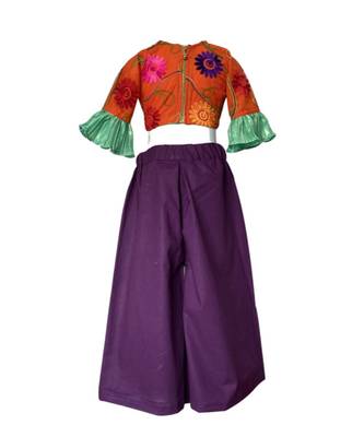 Aglare self artificial silk crush Palazzo with embossed flower net Orange Blouse with Unicorn purse free,Fully stitched 3