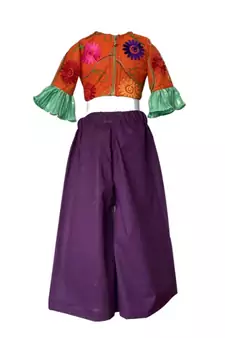 Aglare self artificial silk crush Palazzo with embossed flower net Orange Blouse with Unicorn purse free,Fully stitched