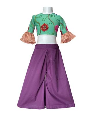 silk crush Palazzo with embossed flower net Seagreen Blouse with Unicorn purse free 2