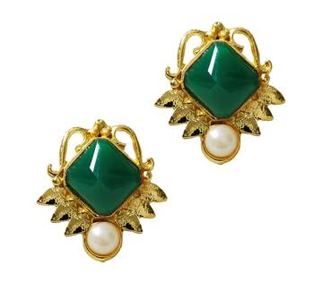 Ethnic Indian Bollywood Emerald Green Kundan Pearl Ear Studs Earrings Set 1