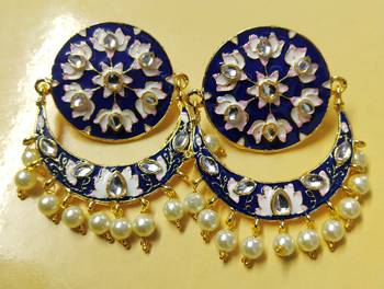 Blue Pink Chandbali Meenakari Kundan Pearl Earrings Set 1