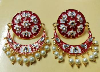 Red Pink Chandbali Meenakari Kundan Pearl Earrings Set 1