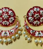 Red Pink Chandbali Meenakari Kundan Pearl Earrings Set
